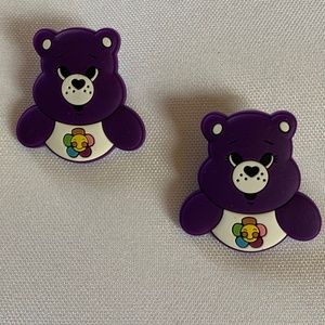NWT. Handmade Pierced Earrings of the Dark Purple Care Bear with a Flower!
